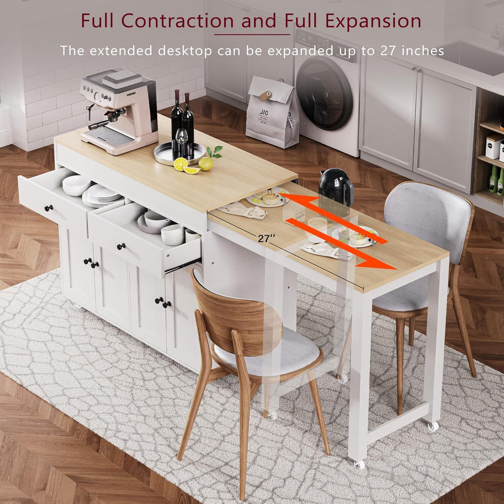 RUNNA 74.5 inch Kitchen Island with Extendable Dining Table,Rolling Island on Wheels with Spice Rack and 2 Drawers,Kitchen Storage Cart with 4 Door Cabinet (Off White#009)