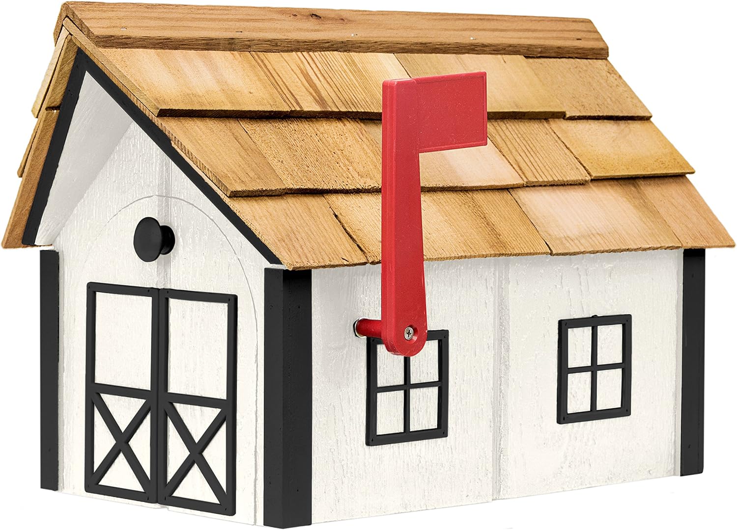 Amish-Made Deluxe Post Mount Wooden Mailbox with Cedar Shingles (White with Black Trim)