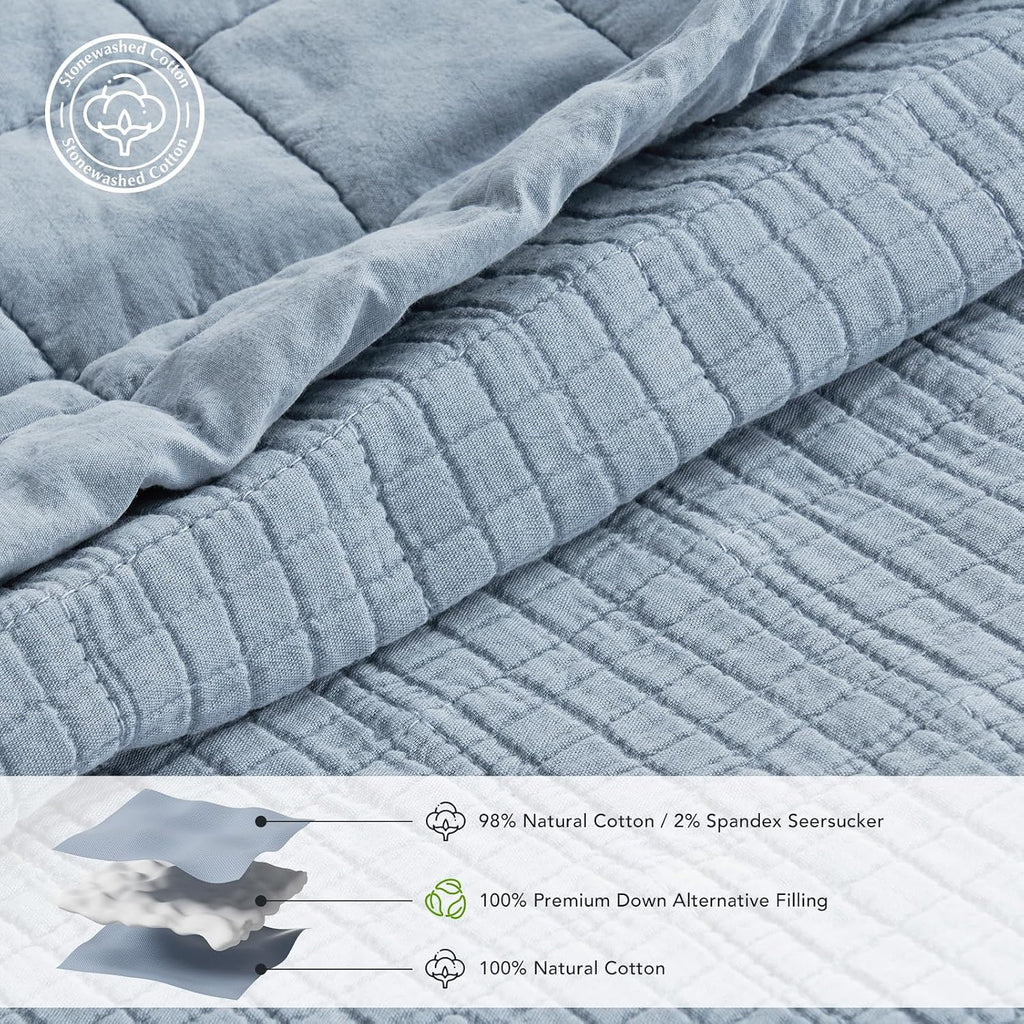 EVERGRACEHOME Stonewashed Cotton Quilt Set Queen Size, Ultra Soft Oversized Bedspread Coverlet Set, Lightweight Crinkle Box Stitch Bedding Sets for All Season, with 2 Matching Shams, Blue Linen