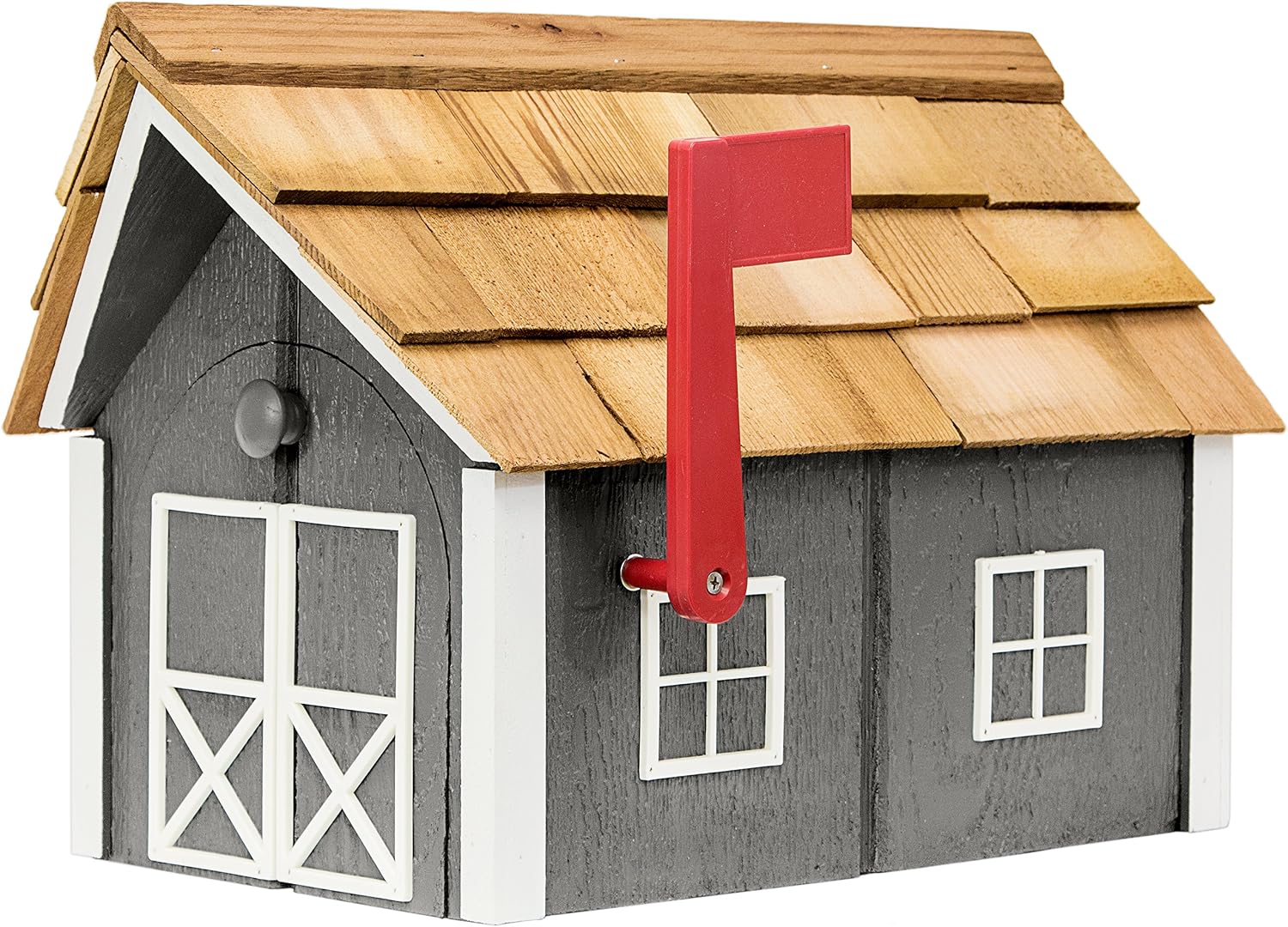 Amish-Made Deluxe Post Mount Wooden Mailbox with Cedar Shingles (Dark Gray with White Trim)