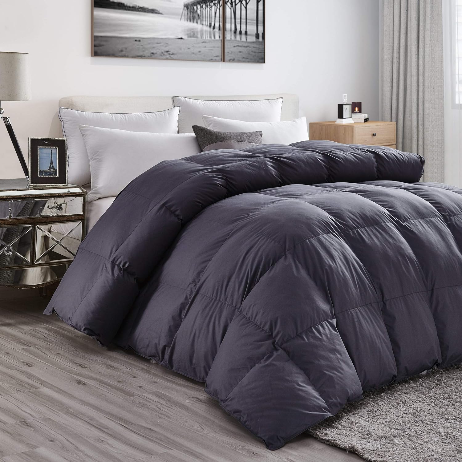 Luxurious Heavy Goose Down Feather Comforter King Size Duvet Insert, Classic Gray, Premium Baffle Box, 1200 Thread Count 100% Egyptian Cotton Cover, 70 oz Fill Weight (King, Gray)