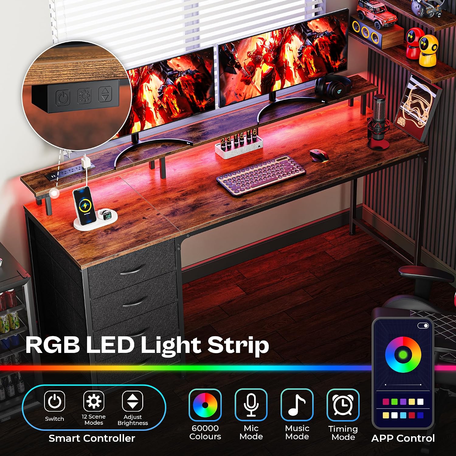 Huuger 63 Inch Rustic Brown Gaming & Office Computer Desk with 4 Drawers, Monitor Stand, LED Lights & Power Outlets