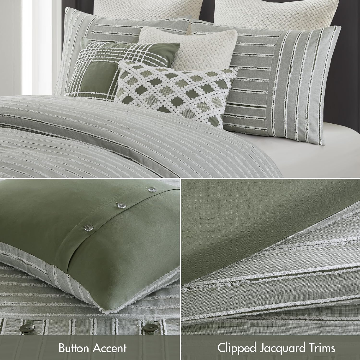 Madison Park Queen Comforter Set Cotton Clipped Jacquard, Oversized Comforters Queen Size Bed, All Season Down Alternative Overfilled Queen Size Comforter, Essence, Full/Queen Green 8 Piece