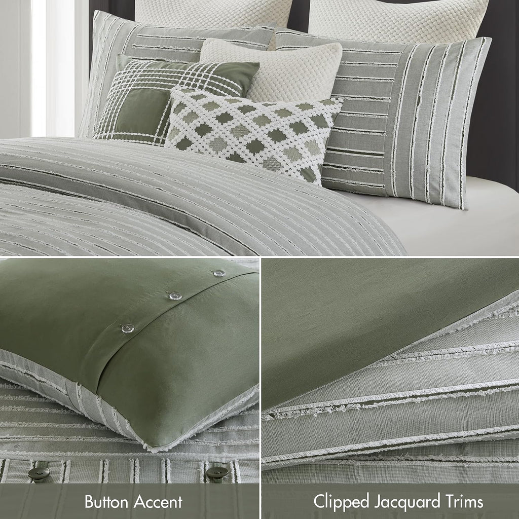 Madison Park Comforter Set Cotton Clipped Jacquard, Oversized Comforters, All Season Down Alternative Overfilled King Size Comforter, Essence, Green 9 Piece