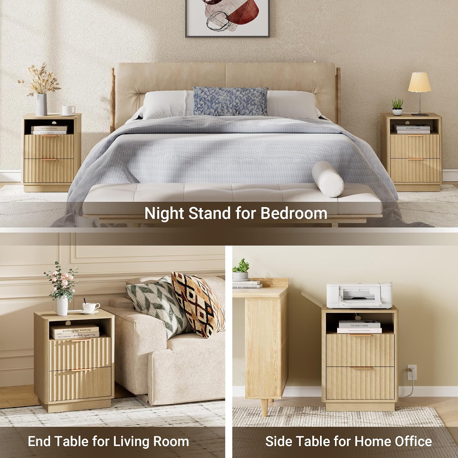 Fluted Nightstand, Night Stand Set 2, Modern Nightstands Set of 2 with Charging Station, 2 Drawer End Table w/Storage, Bedside Table for Bedroom Sofa Home Office, Curved Corners,Natural Oak