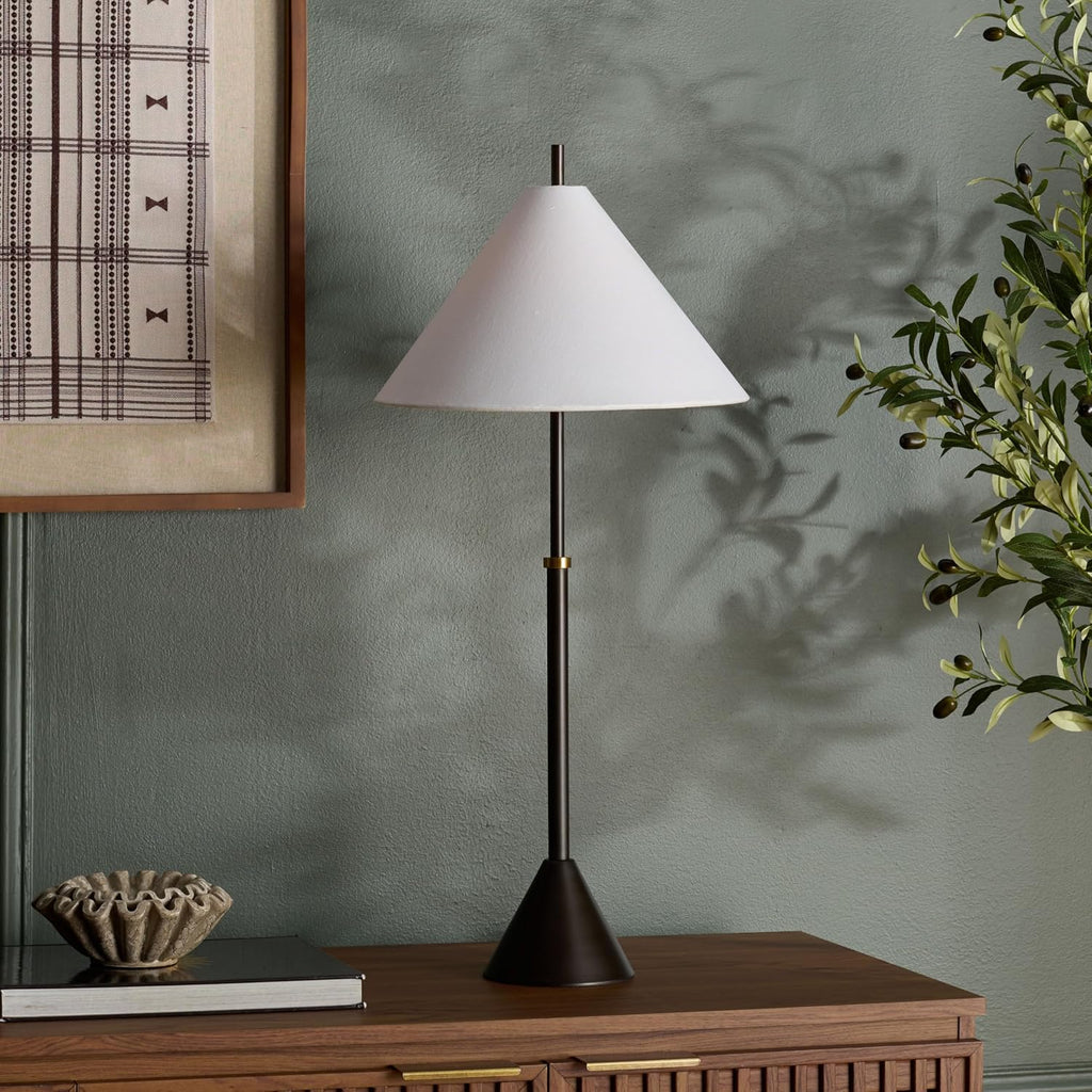 SAFAVIEH Lighting Collection - Troye Antique Silver Metal Table Lamp with White Fabric Shade, 30' Modern Bedside or Desk Light, E26 Bulb Compatible (TBL8004A)