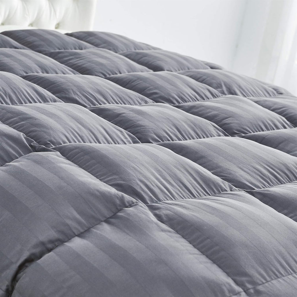 Luxurious All-Season Goose Down Comforter Full Size Duvet Insert, Exquisite Gray Stripe Design, 1200 Thread Count 100% Egyptian Cotton Down Proof Fabric, 50 oz Fill Weight