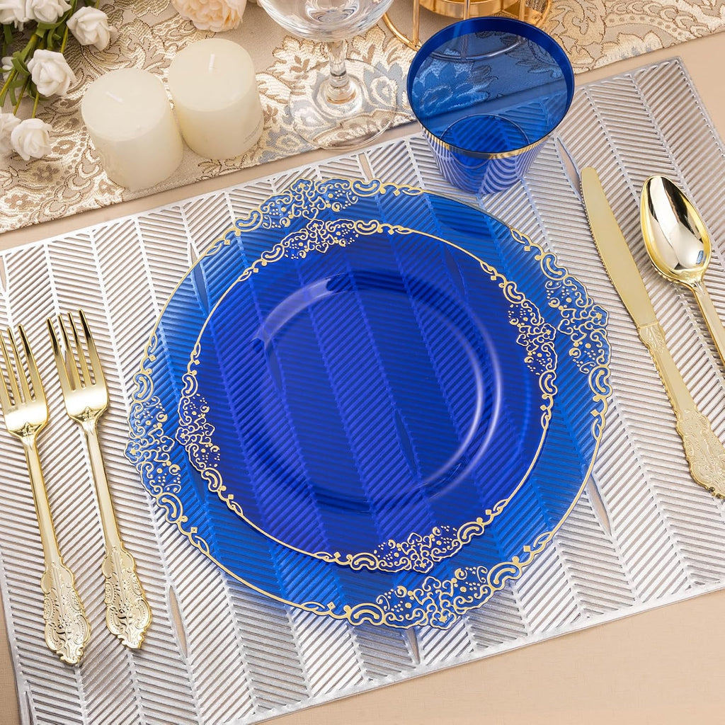 Bestluck 700PCS Clear Blue Plastic Plates for 100 Guests, Disposable Plates with Gold Trim include 100 Dinner plates, 100 Dessert Plates, 100 Gold Silverware, Cups and Napkins for Party, Graduation