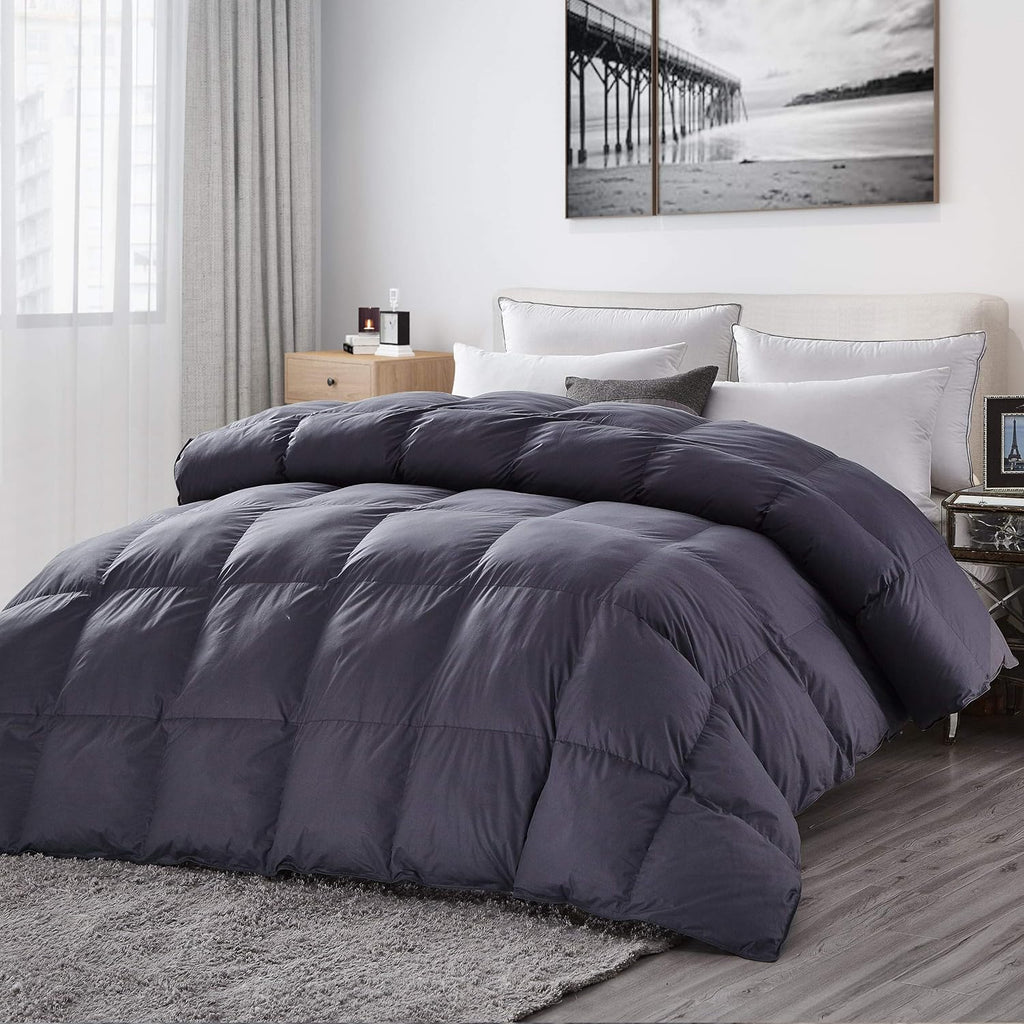 Luxurious All-Season Goose Down Fiber Comforter Duvet Insert, Classic Gray, Premium Baffle Box, 100% Egyptian Cotton Cover, 55 oz. Fill Weight (Twin)