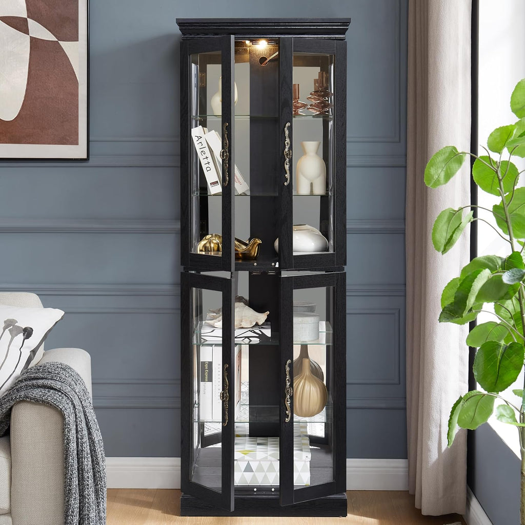 71' H Lighted Wooden Curio Cabinet, Freestanding Glass Display Case with Tempered Glass Door, Adjustable Shelves and Mirrored Back Panel, Decorative Cabinet for Living Room,Office (Black)