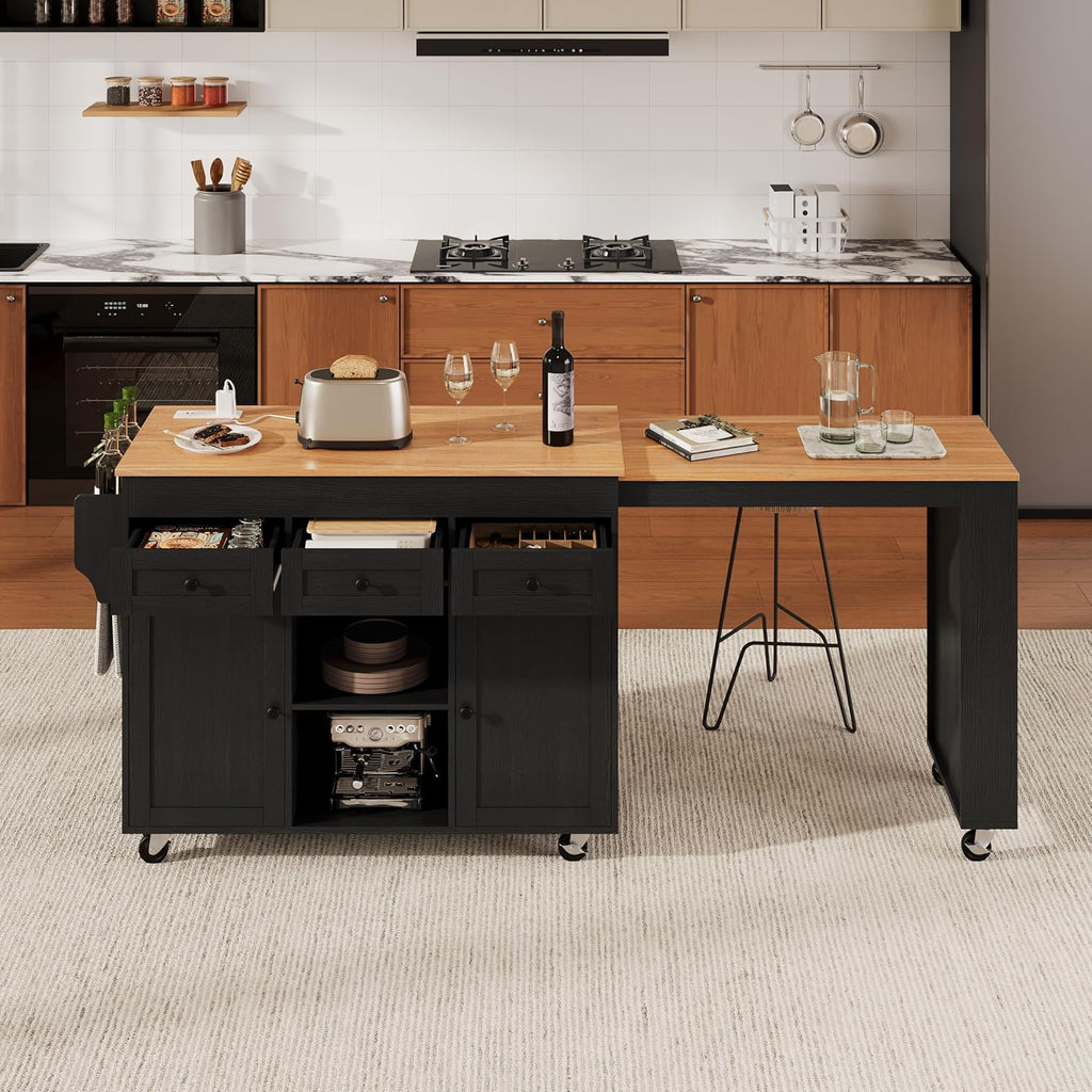 85.5' Kitchen Island with Extendable Dining Table, Kitchen Storage Table with 3 Side Open Shelves, Rolling Kitchen Island with Power Outlet, 3 Drawers, 2 Doors, for Kitchen, Dining Room (Black#78)