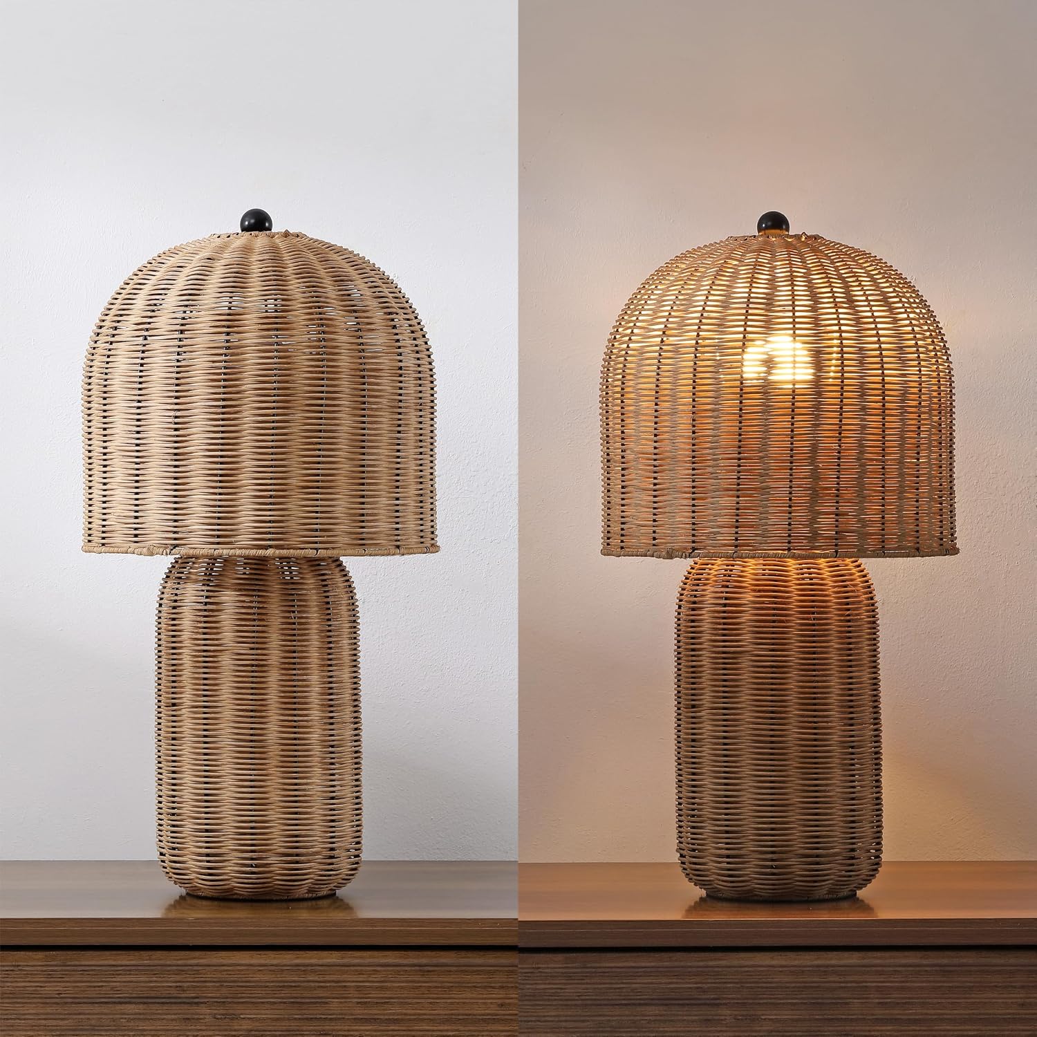 JONATHAN Y 22.5' Natural Brown Modern Coastal Woven Rattan Arched Table Lamp, Scandinavian Minimalist Bedside Lamp for Living Room, Bedroom, LED Bulb Included JYL5702A