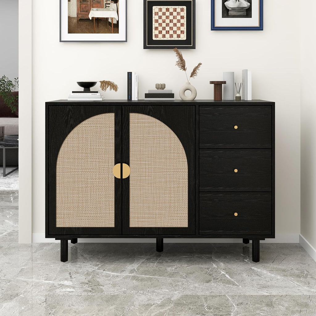 Black 44.8'' Modern Rattan Sideboard Buffet with 2 Door 3 Draw, Minimalist Cabinet for Living/Kitchen/Hallway Storage,Multi-Scene (TV Stand/Buffet), Boho/Scandinavian Style