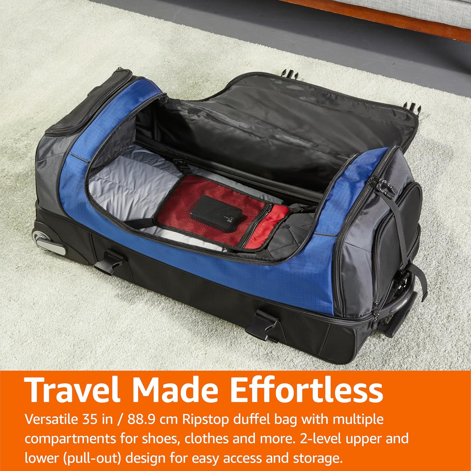 Amazon Basics 35-Inch Large Rolling Duffel Bag for Travel with Wheels and Handle, Durable Ripstop Polyester, 2 Layers of Space, Multiple Interior and Exterior Pockets, Blue