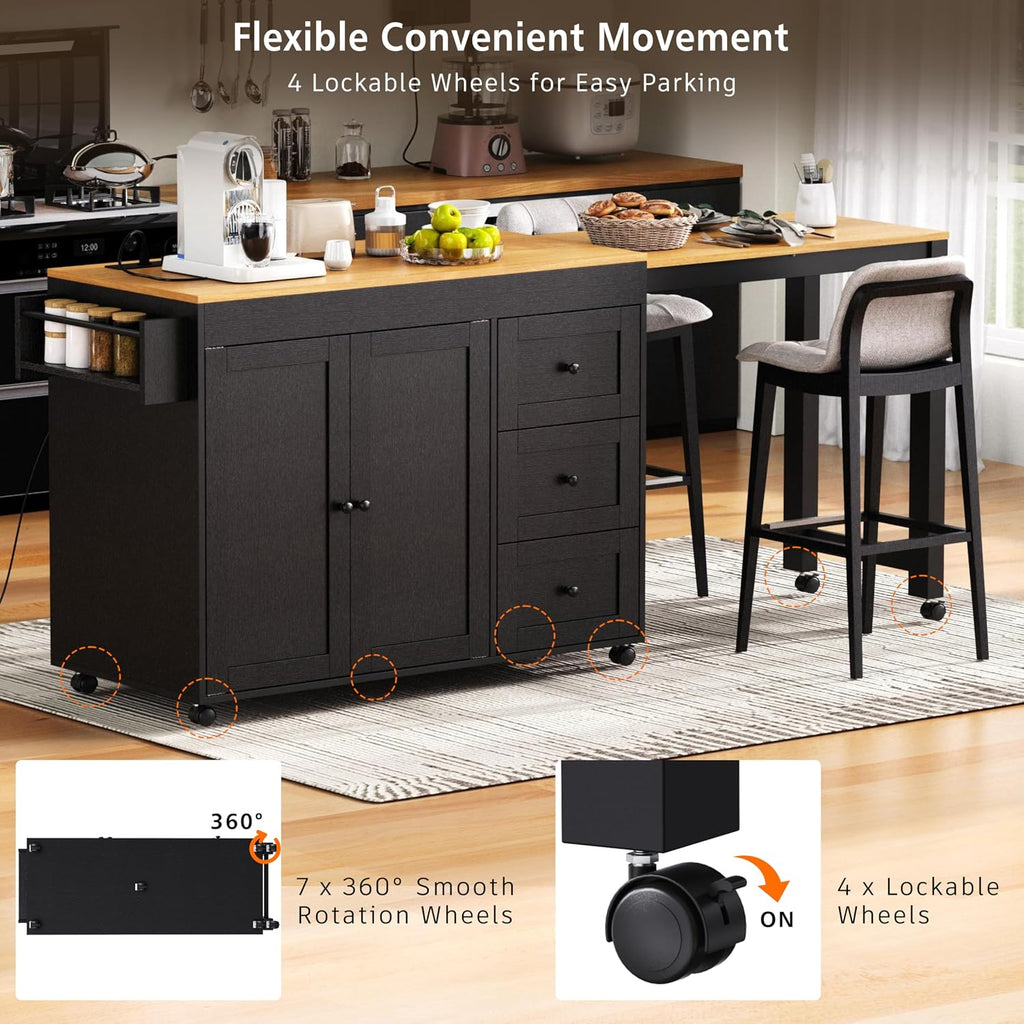 RUNNA Kitchen Island with Extendable Dining Table,Storage Cart with 3 Drawers,Power Outlet,Rolling Island on Wheels with Spice Rack and 2 Door Cabinet,for Kitchen (Black@01)