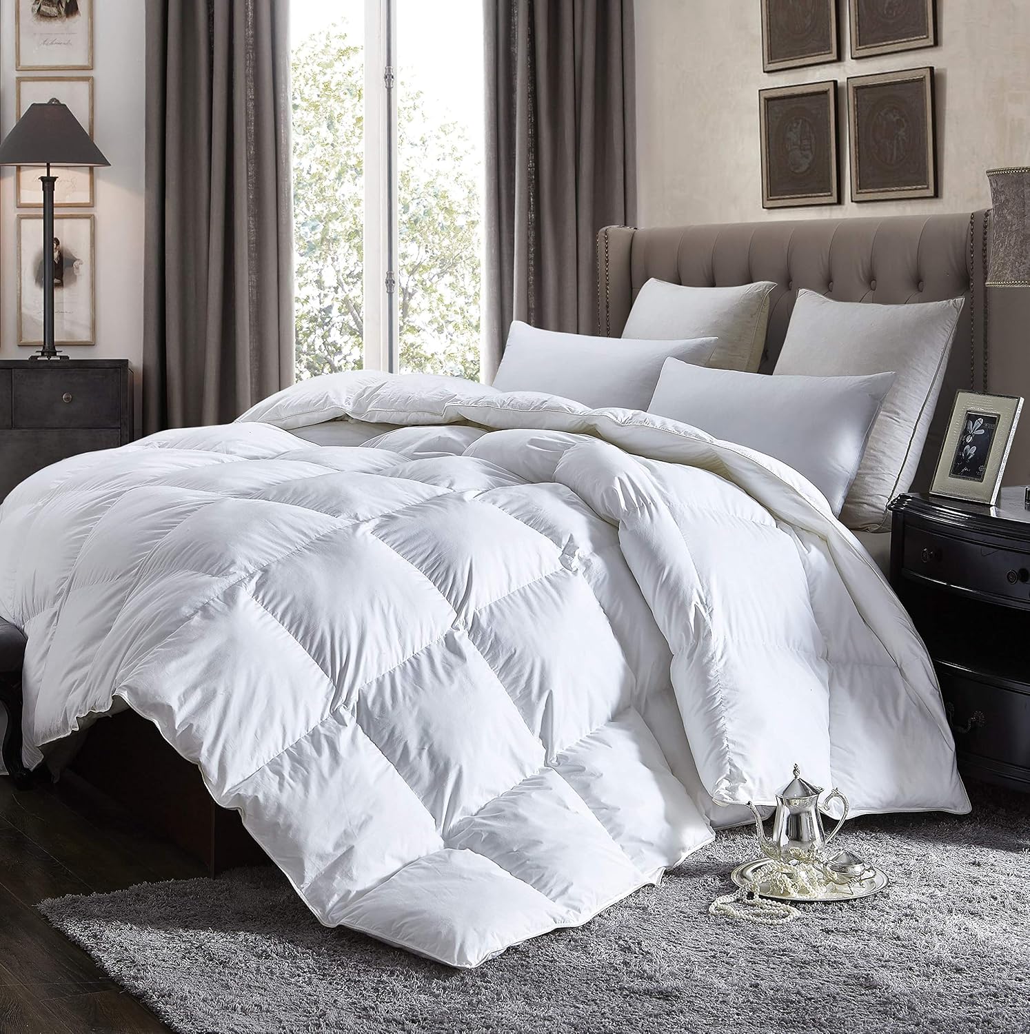 Luxurious King Size Lightweight Goose Down Comforter Duvet Insert All Season, 1200 Thread Count 100% Egyptian Cotton, 42 oz Fill Weight, White Color