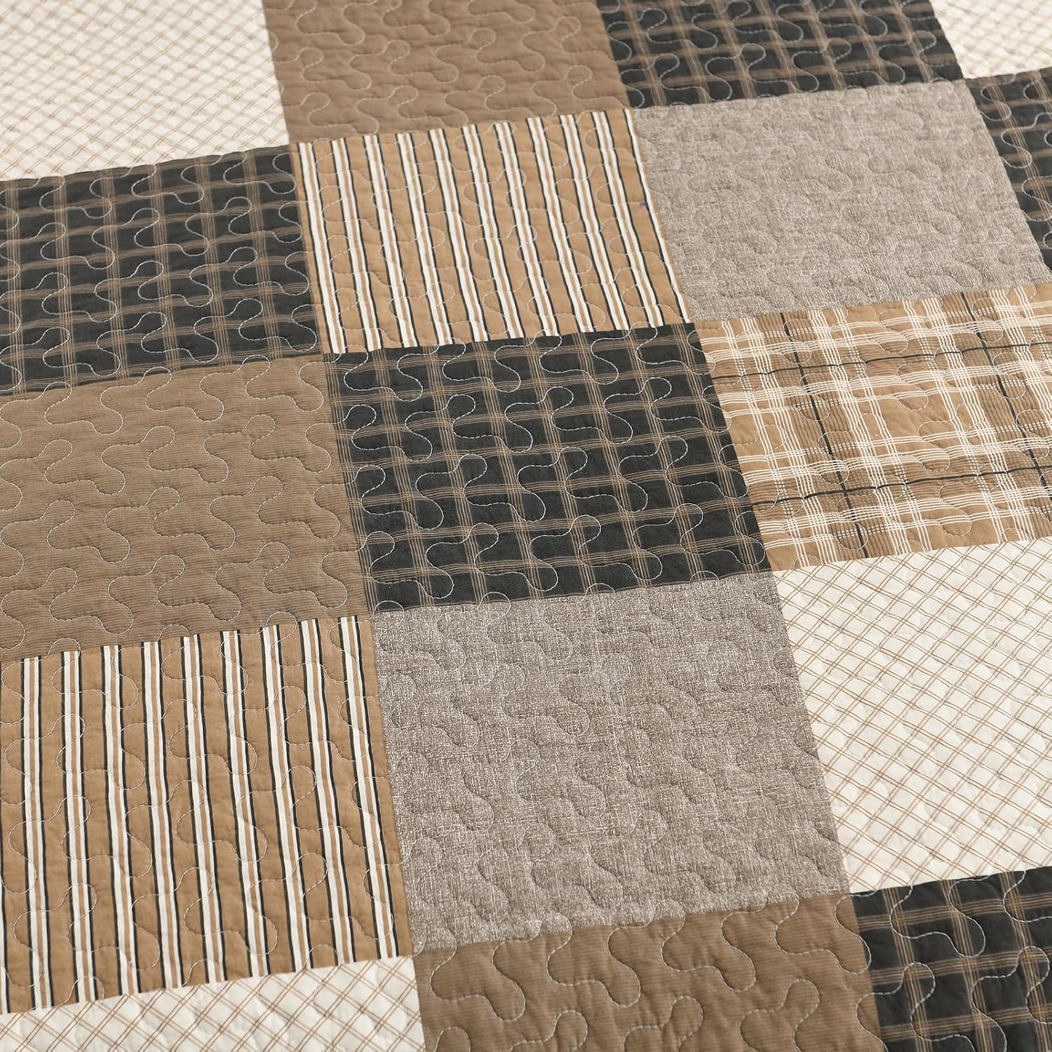PANGUSHAN 100% Cotton Quilt Set, King Size, Farmhouse Plaid Lightweight Comforter, Rustic Bedding Set Quilted Bedspread, Charcoal/Beige/Brown Quilt for King Bed, 3 Pieces
