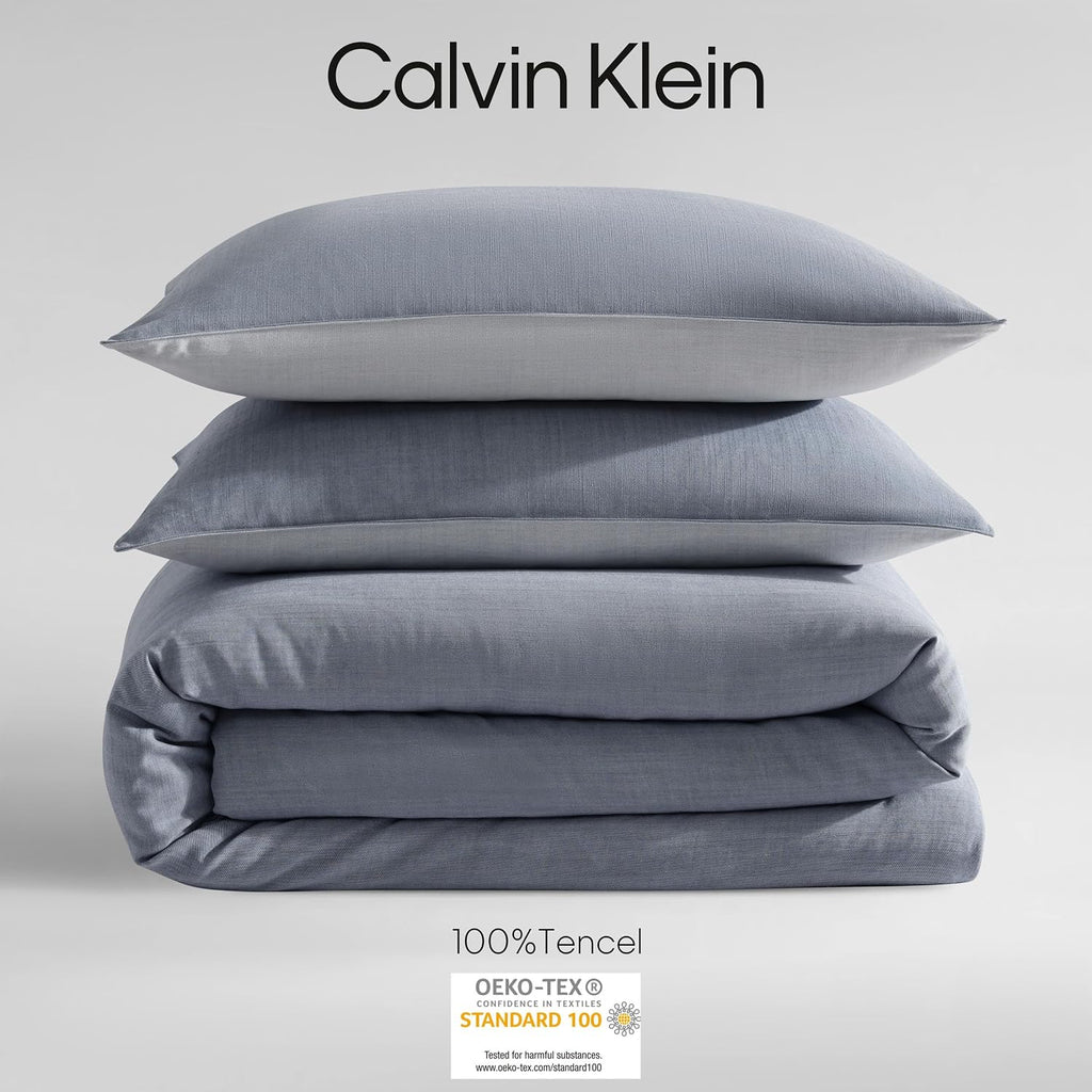 Calvin Klein - Queen Duvet Cover Set, Soft & Reversible Bedding, Crisp Feel with Tailored Top-Stitching & Hidden Zipper, 3 Piece Bed Set with Matching Pillowcases (Slate Blue)