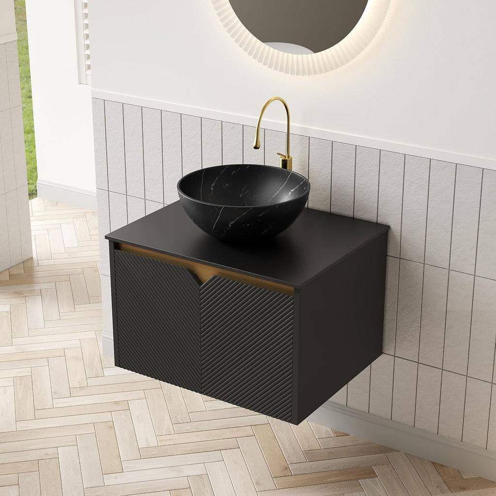 24 Inch Bathroom Vanity with Sink, Small Floating Fluted Vanity with Vessel Sink, Modern Wall Mounted Bathroom Vanity Cabinet with 2 Doors, Bowl Ceramic Sink & Sintered Stone Top, Black