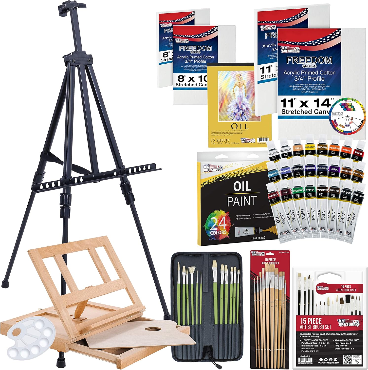 U.S. Art Supply 70-Piece Artist Oil Painting Set with Aluminum Field Easel, Wood Table Easel, 24 Oil Paint Colors, 37 Brushes, 2 Stretched Canvases, 6 Canvas Panels, Painting Pad, Palette & More