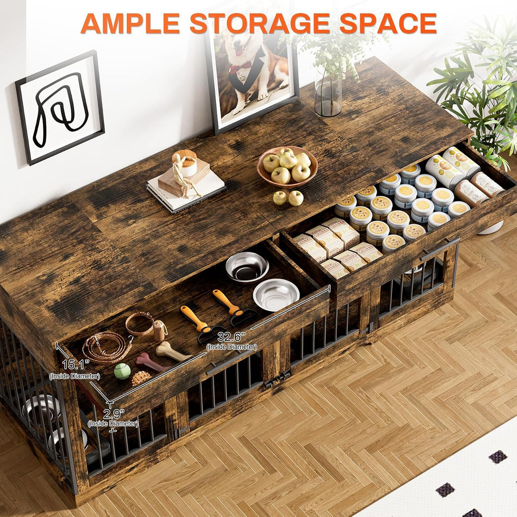 Rophefx 72' Dog Crate Furniture for 2 Dogs, Large Dog Kennel Furniture with 2 Storage Drawer and 4 Bowls, Wooden Dog Cage with Removable Divider, Indoor Dog House TV Stand for Medium Dog, Rustic Brown