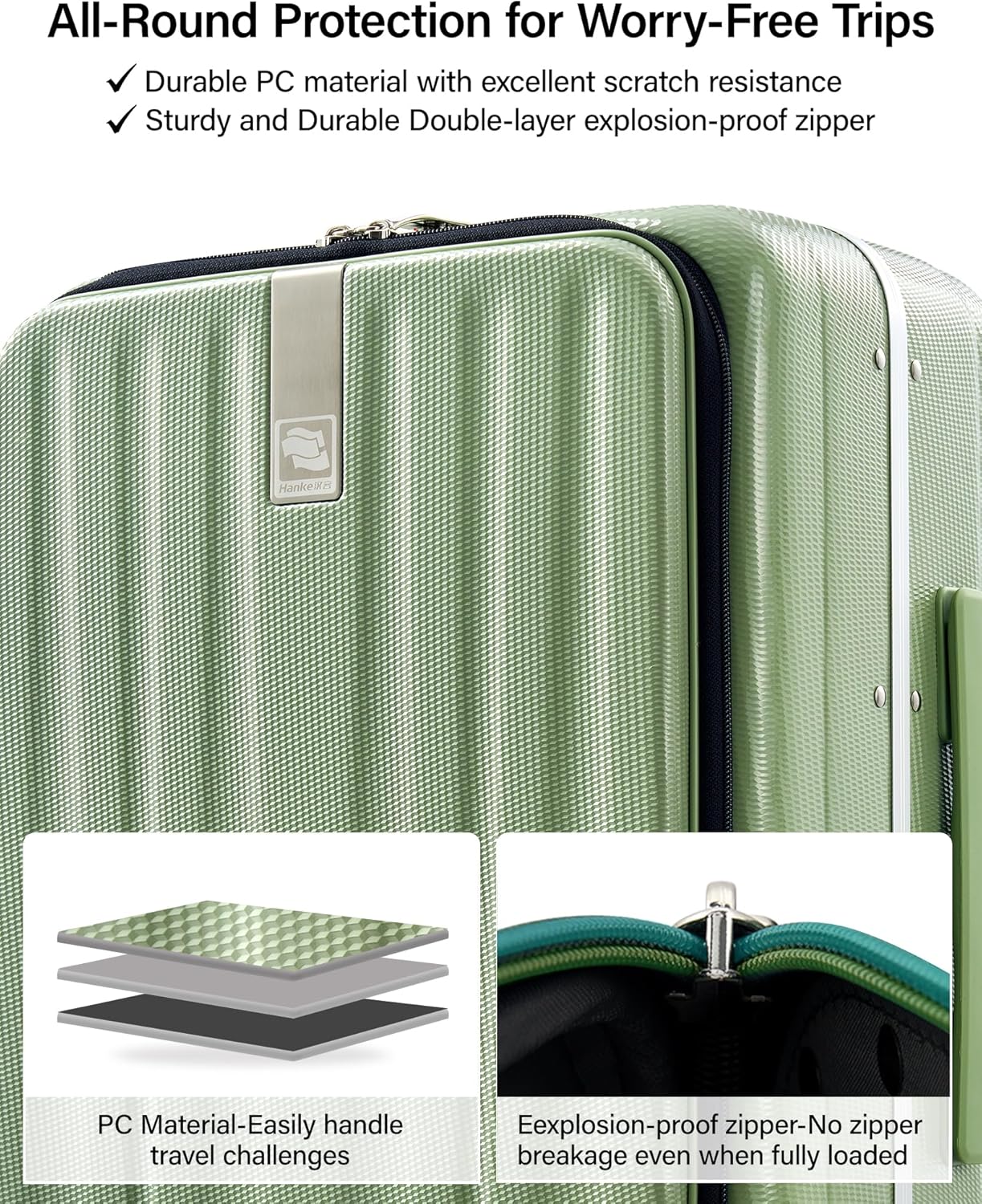 Hanke 20 Inch Carry-On Luggage with Wheels PC Hard Shell Suitcases Top Opening Aluminum Frame Travel Luggage Suitcases for Woman Men.(Bamboo Green)