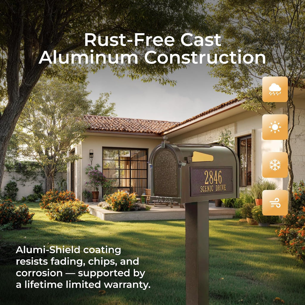 Whitehall Premium Mailbox Package with Personalized Address Plaques Classic Cast Aluminum Streetside Mailbox and Standard Post Designed to Enhance Your Home's Curb Appeal