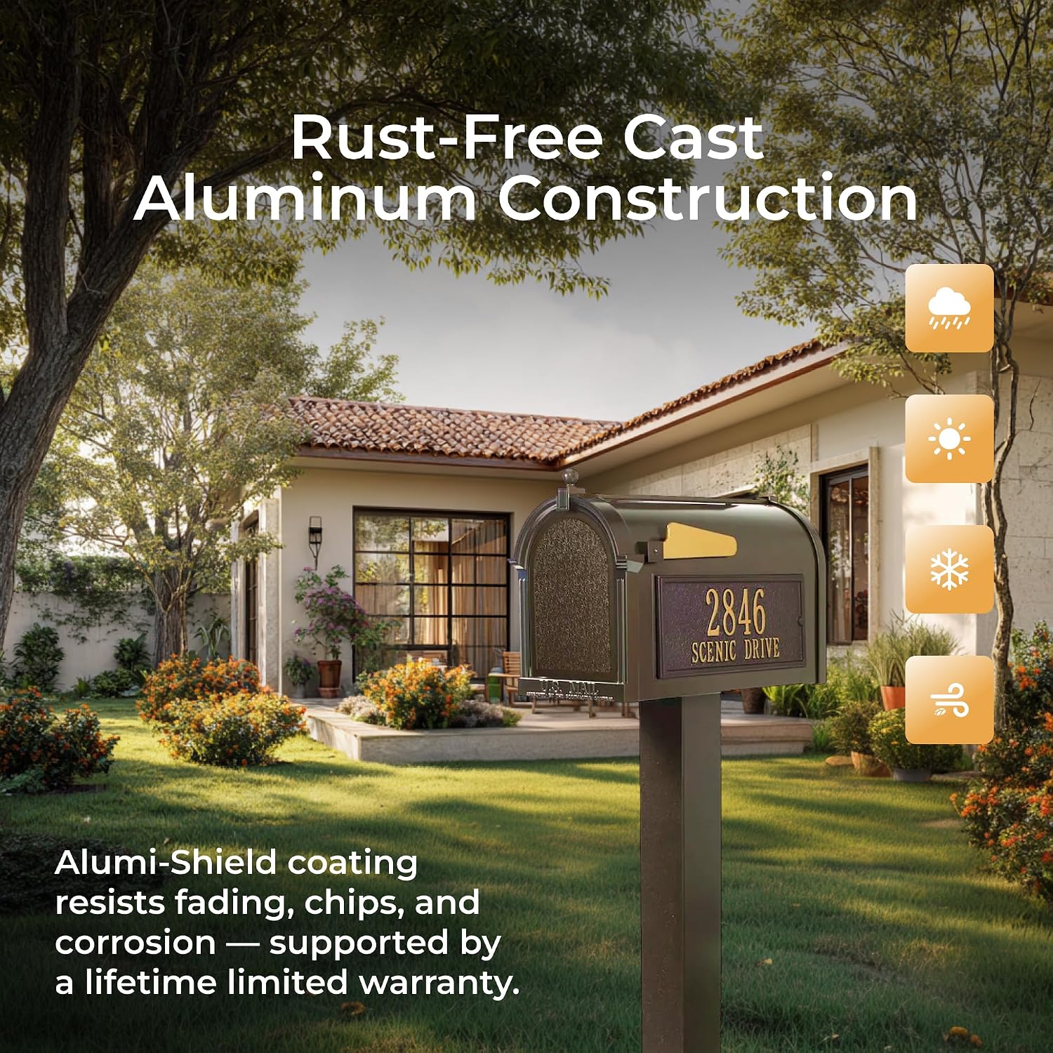 Whitehall Premium Mailbox Package with Personalized Address Plaques Classic Cast Aluminum Streetside Mailbox and Standard Post Designed to Enhance Your Home's Curb Appeal