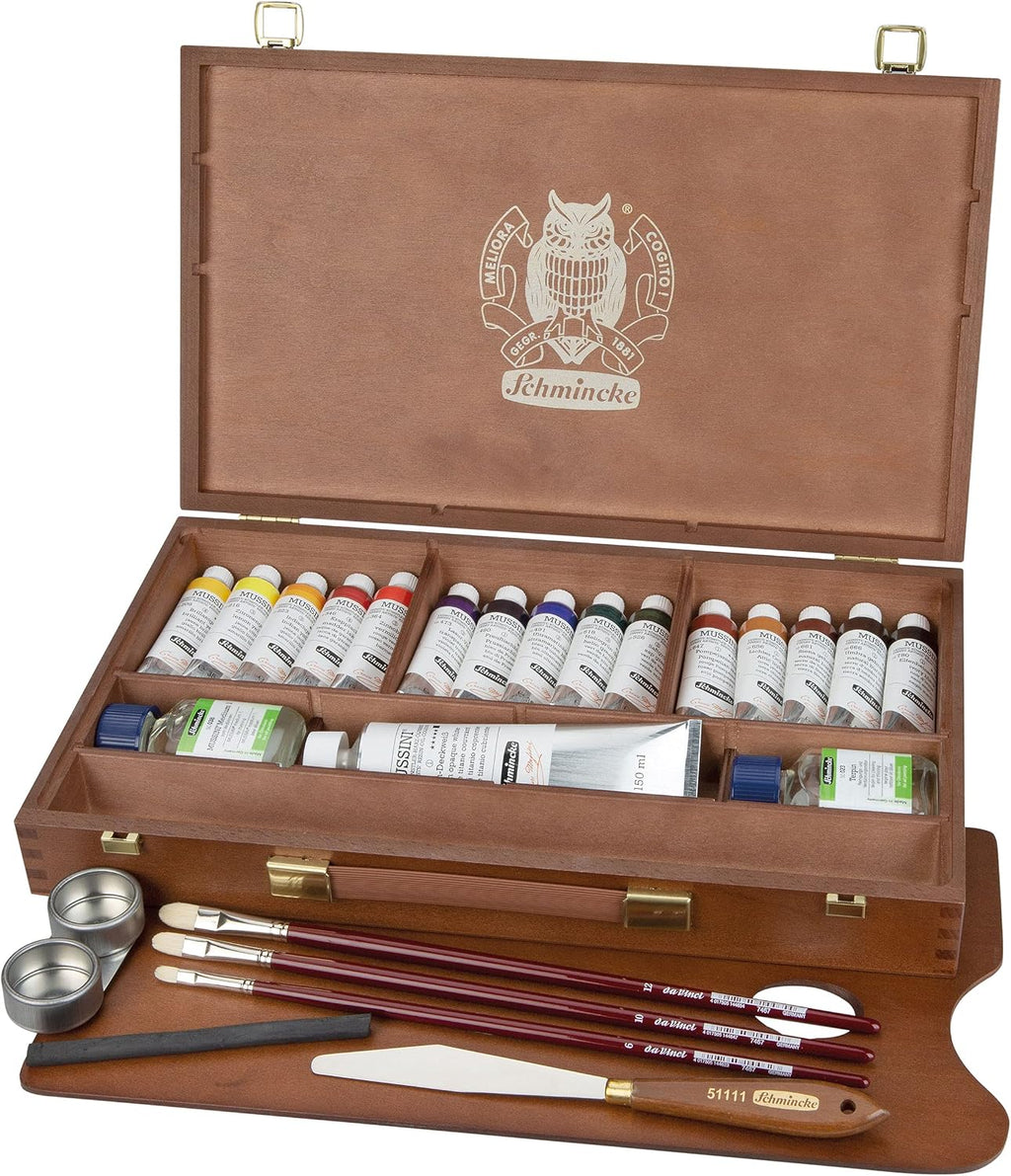 Schmincke - MUSSINI® Finest Resin Oil Colors Premium Wooden Box Oil Painting, 15 x 35 ml Set, 70 615 097,White 150 ml, Terpin, Palette Plug, 3 Brushes, Palette Knife, etc.