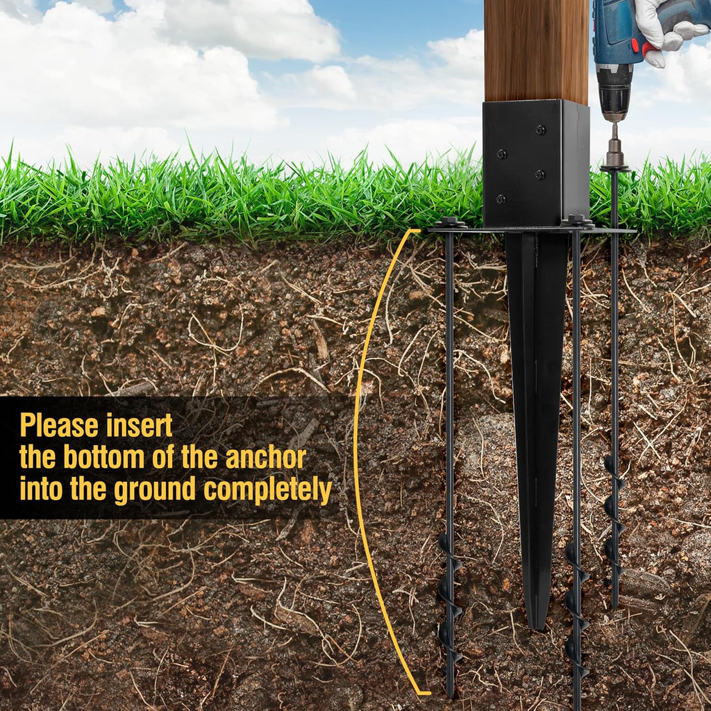 LADECH Set of 4 4x4 Fence Post Anchor Ground Spike 24' Length with Ground Anchors Screw in - Metal Black Powder Coated – Mailbox Post Anchors – Fit 3.5x3.5 Square