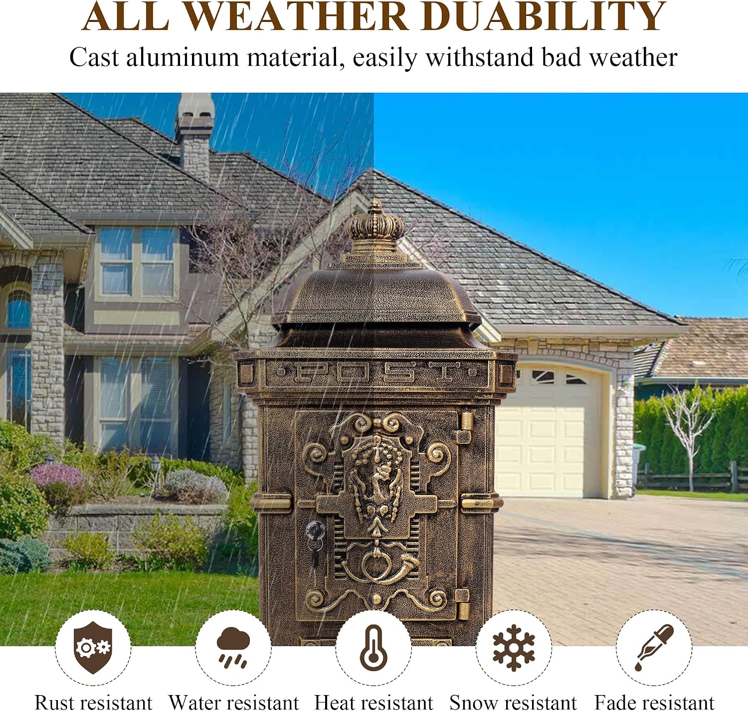 Vintage Large-Capacity Cast Aluminum Mailbox, Outdoor Weatherproof Floor Standing Postbox, Decorative Copper Finish Letter Box with Lock, Roman Column Design for Home Use (Copper)