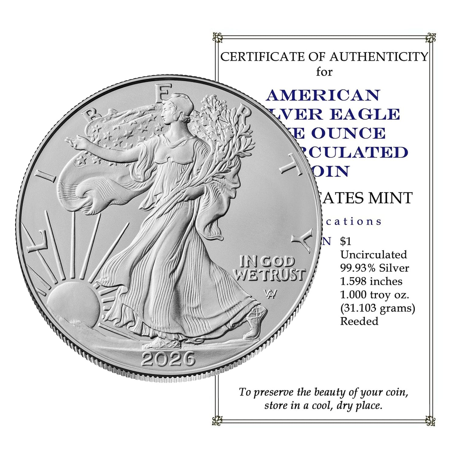 2026 U.S. Silver Eagle 1 oz Brilliant Uncirculated with our Smyrnacoin Certificate of Authenticity Dollar Uncirculated US Mint