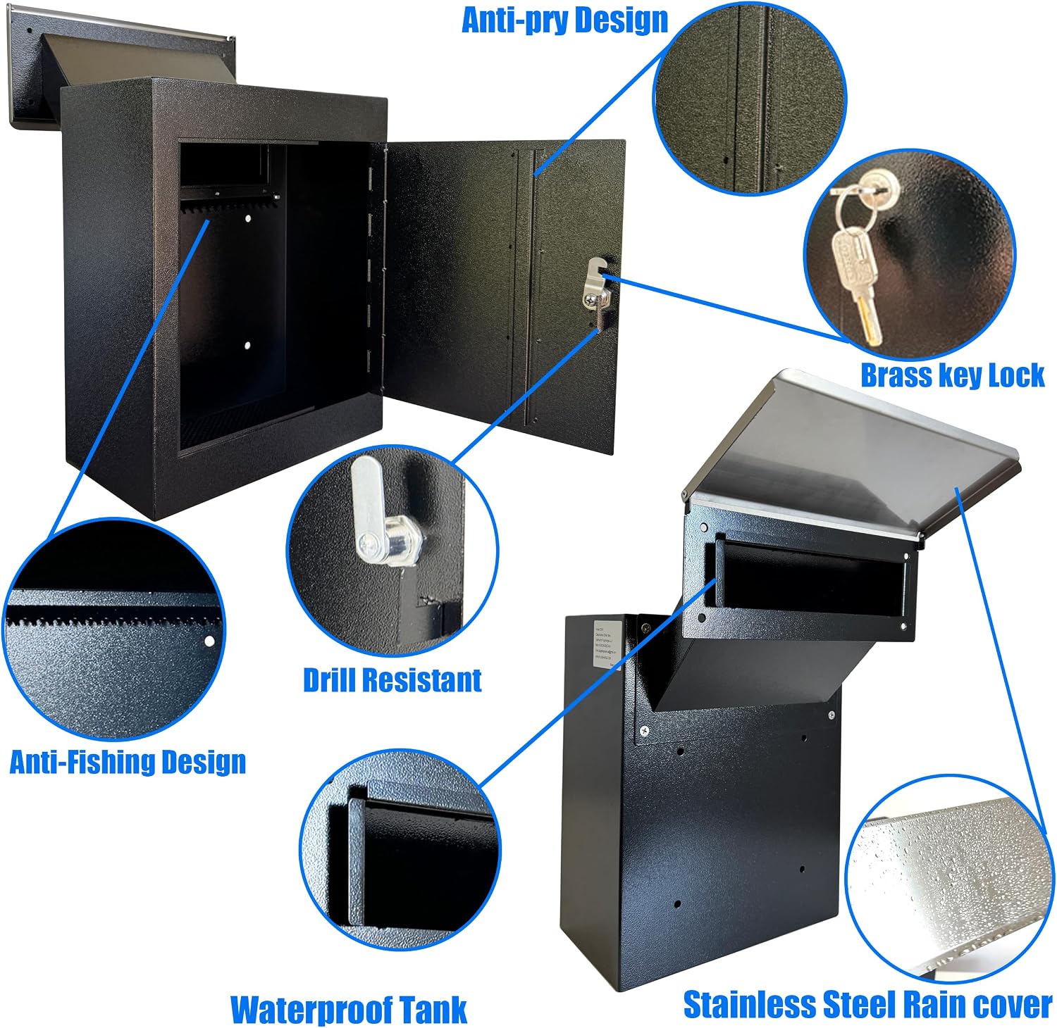 Through-the-Wall Drop Box with Rainproof Cover | Heavy Duty Through Wall Mailbox with 8.25-Inch Adjustable Chute | Rainproof Locking Drop Safe for Mail, Rent, Checks, Cash, and Keys, Black