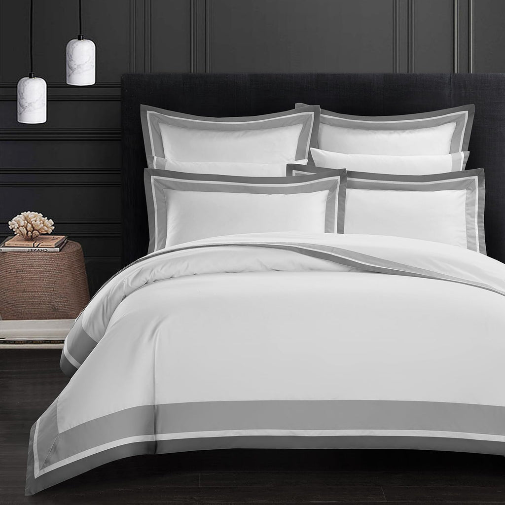 Casabolaj Shading 3 Pieces Do Not Include Filling Duvet Cover Set 100% Egyptian Cotton Sateen Luxury 400 TC Frame Patchwork Button Closure and Corner Ties-White/Taupe/Grey (Queen)