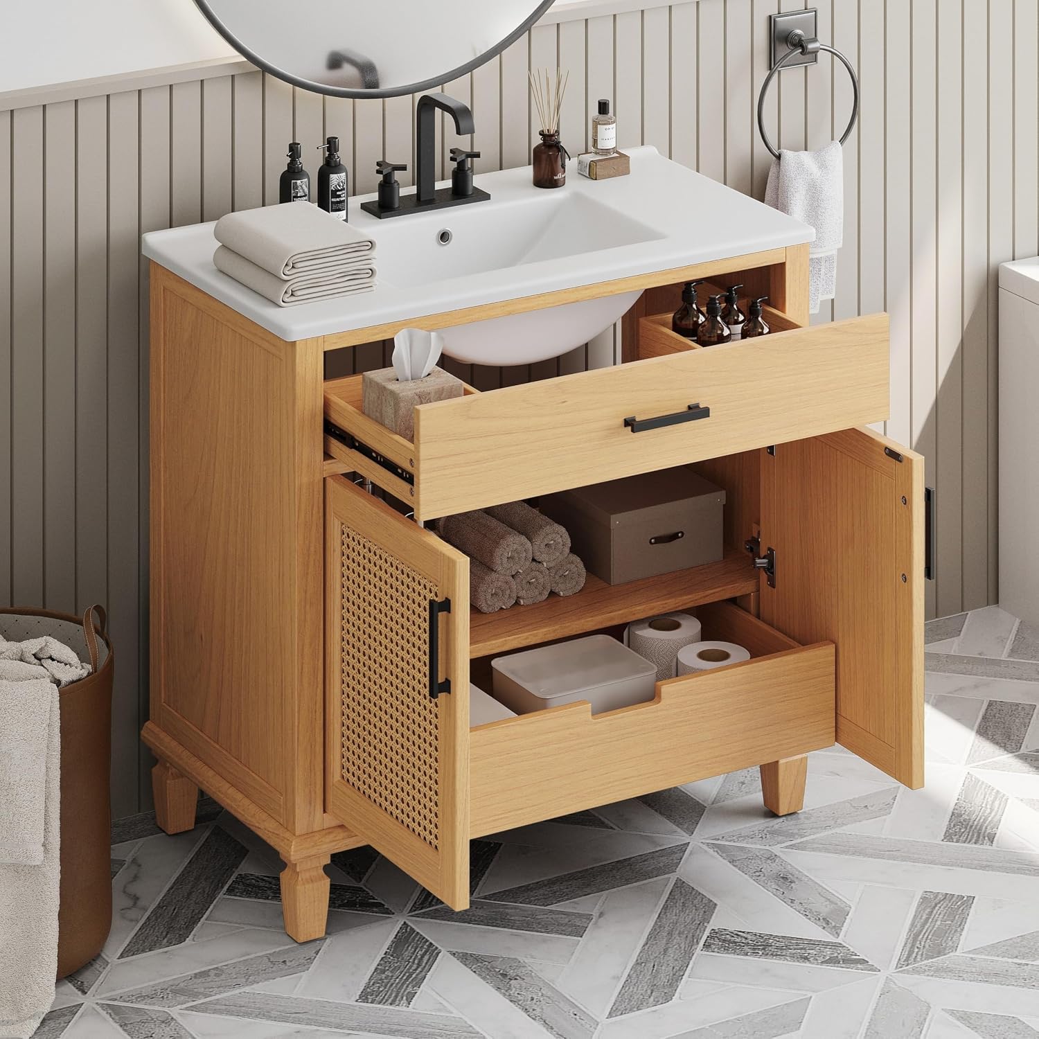 36' Rattan Bathroom Vanity with Sink, Bathroom Vanities with Soft Close Doors & Drawers, Freestanding Bathroom Sink Cabinet with Solid Wood Legs & Large Space Storage, Modern Vanity, Natural