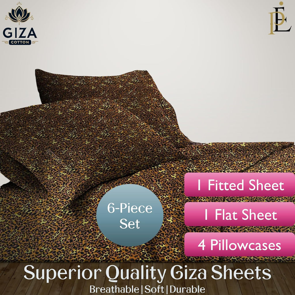 100% Giza Cotton, 1000 Thread Count, 6-PC Bed Sheet Set [Queen Size, Leopard Print Color] 18 inches Deep Pockets, Long Staple Cotton Breathable Soft Silky Sateen Weave