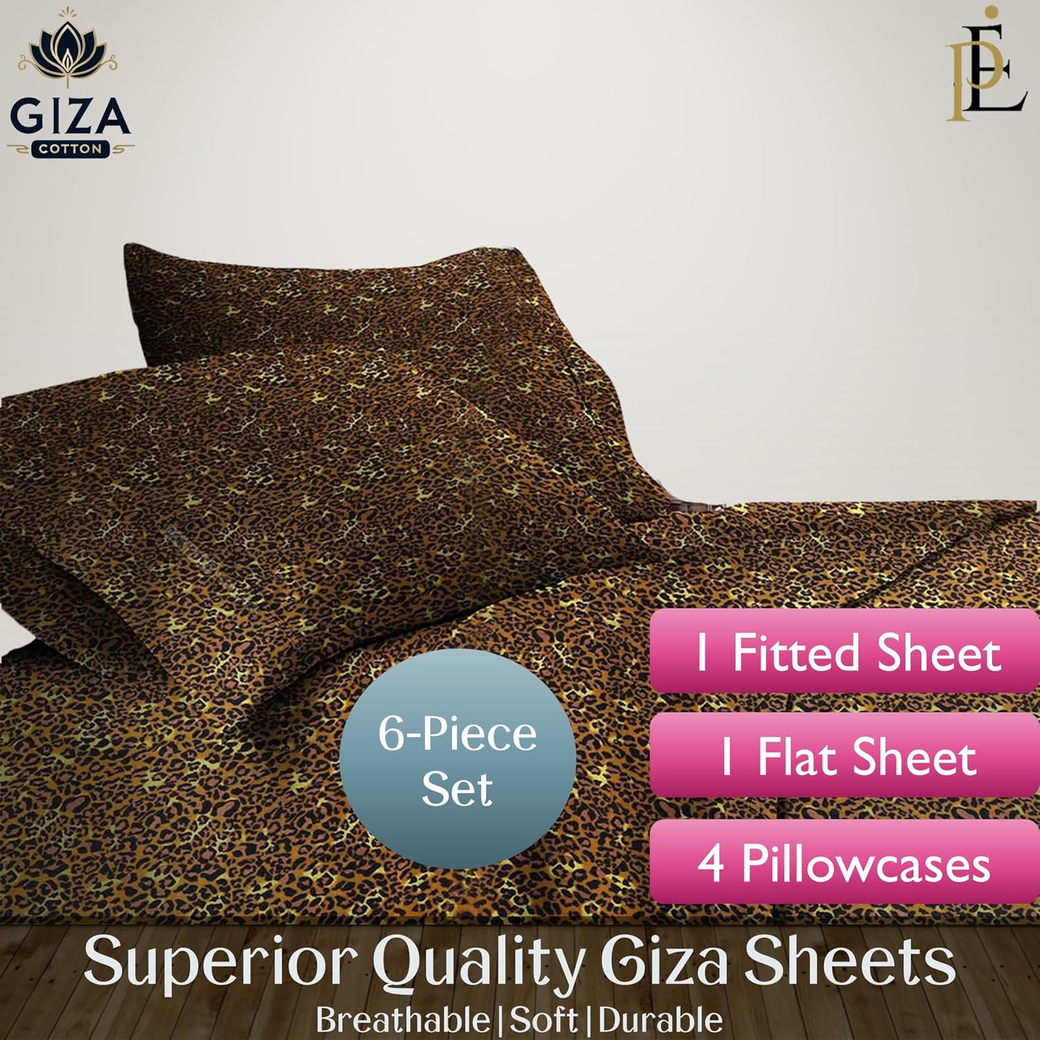 100% Giza Cotton, 1000 Thread Count, 6-PC Bed Sheet Set [Queen Size, Leopard Print Color] 18 inches Deep Pockets, Long Staple Cotton Breathable Soft Silky Sateen Weave