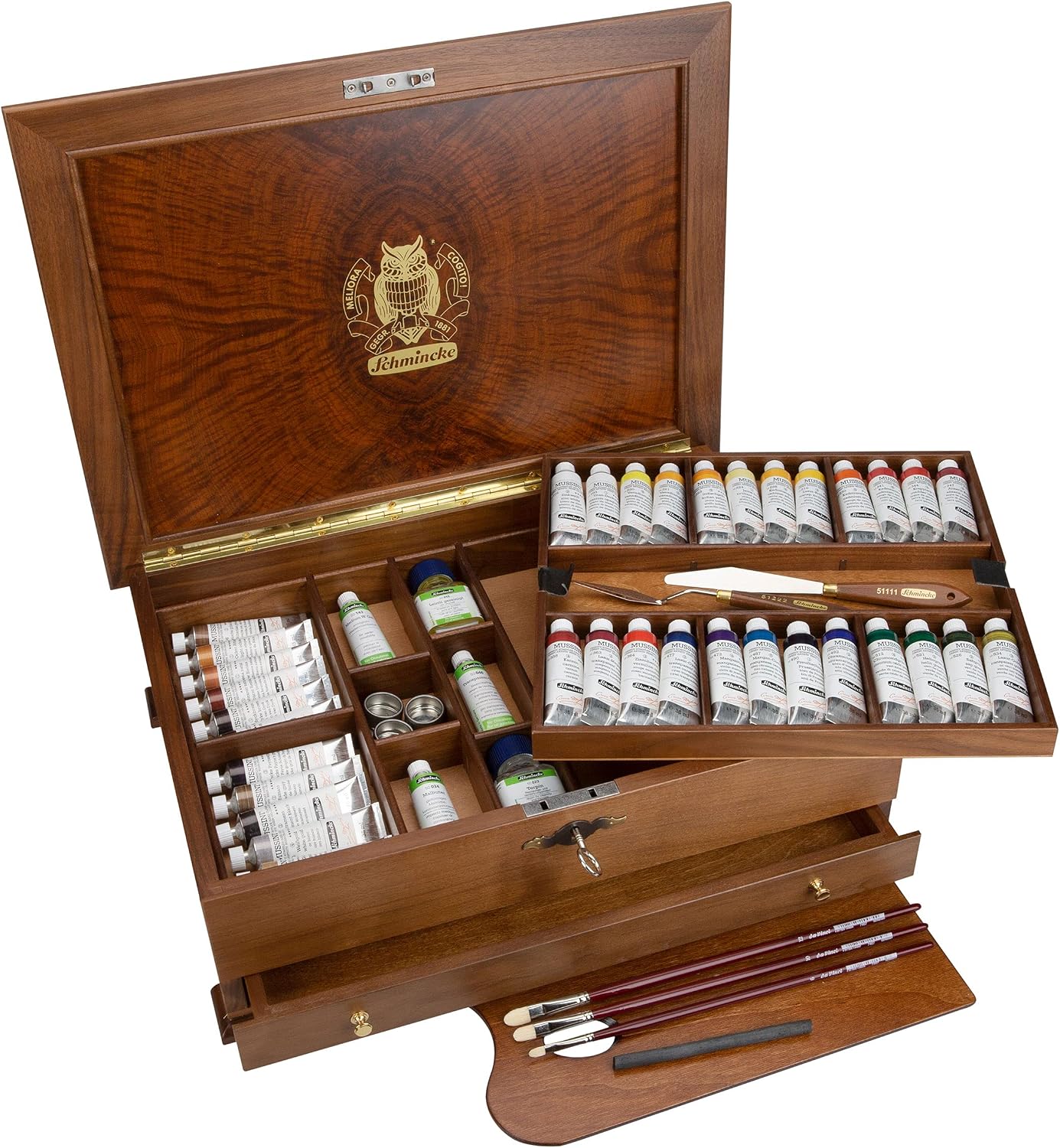 Schmincke - MUSSINI® finest resin oil colors Premium box oil painting, 36 x 35 ml set, 70 151 097, painting knife, drawing charcoal, 3 daVinci brushes