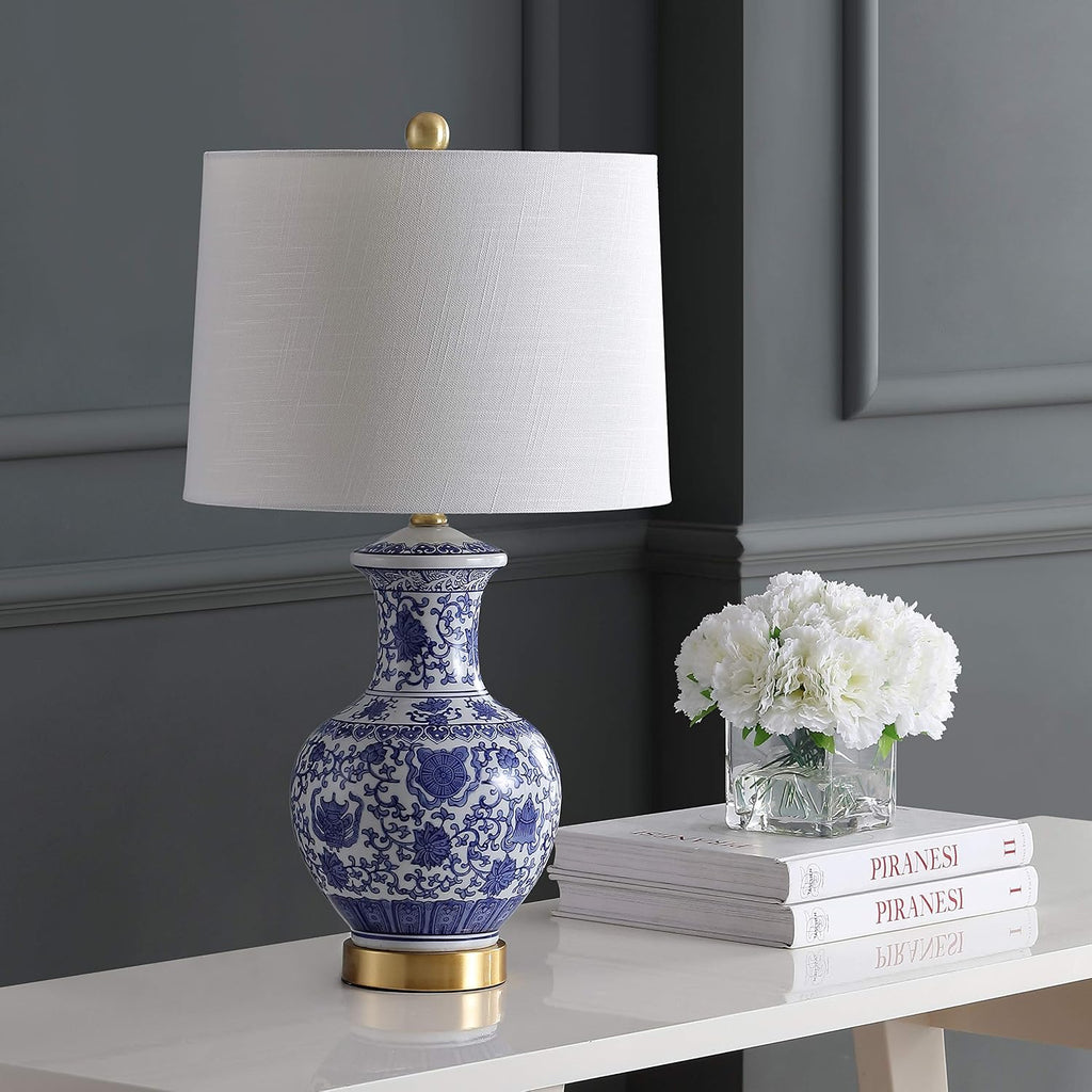 JONATHAN Y 25.25' Blue/White Ceramic Ginger Jar Table Lamp Set of 2, Traditional Brass Gold Base for Living Room Bedroom, White Linen Drum Shade, LED Bulbs Included JYL1072A-SET2
