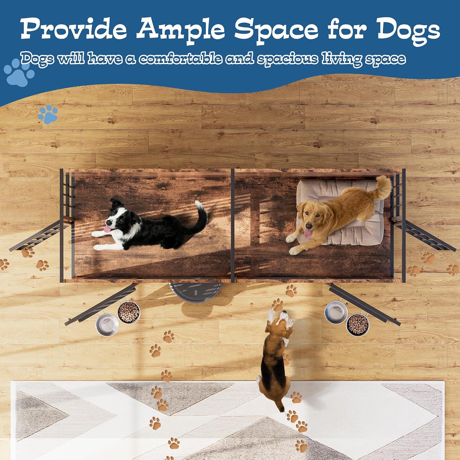 Grepatio 79' Double Dog Crate Furniture, Large Dog Kennel for 2 Dogs, Indoor Wooden Crate with Rotating Feeder Bowls and 4 Doors, Heavy Duty Dog House TV Stand with Removable Divider