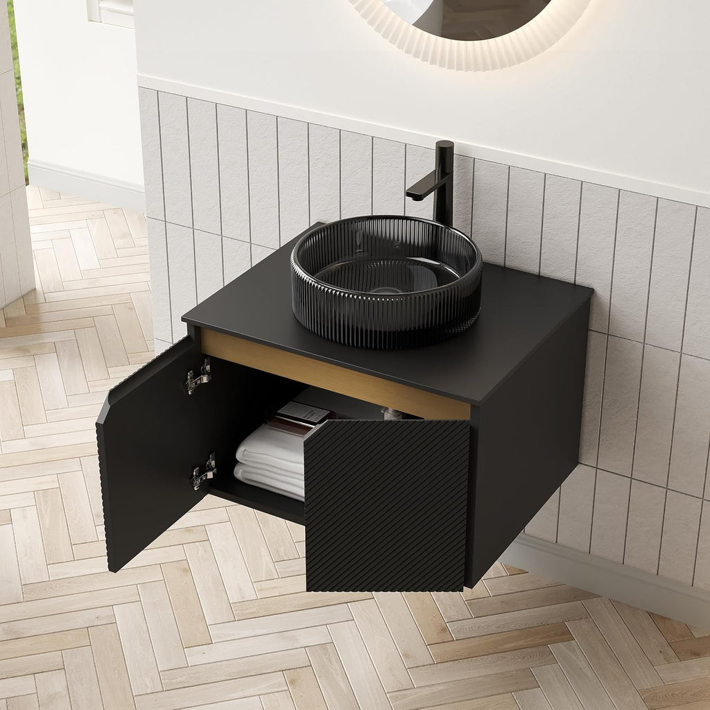 24 Inch Bathroom Vanity with Sink, Floating Fluted Vanity with Vessel Sink, Small Wall Mounted Bathroom Vanity Cabinet with 2 Doors, Glass Sink & Sintered Stone Top, Black