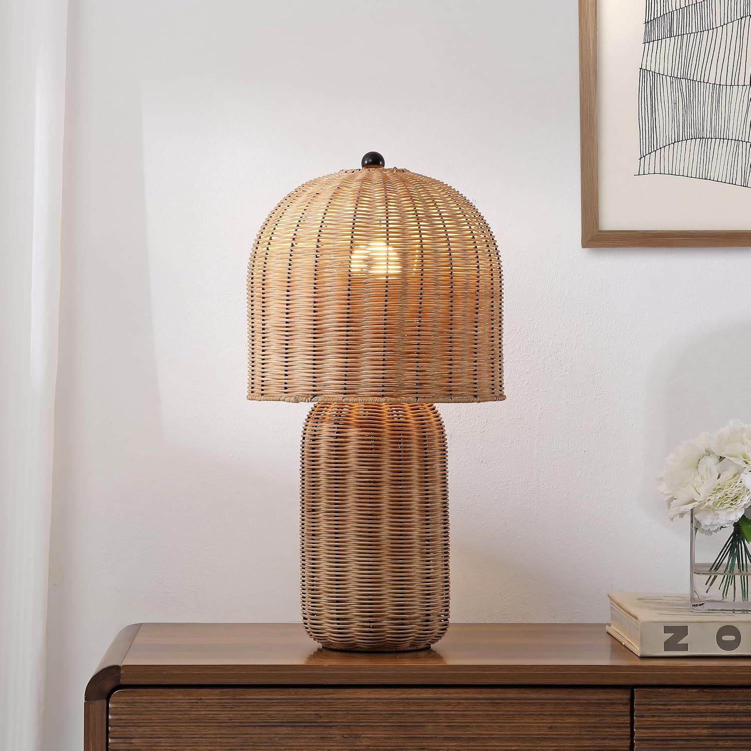 JONATHAN Y 22.5' Natural Brown Modern Coastal Woven Rattan Arched Table Lamp, Scandinavian Minimalist Bedside Lamp for Living Room, Bedroom, LED Bulb Included JYL5702A