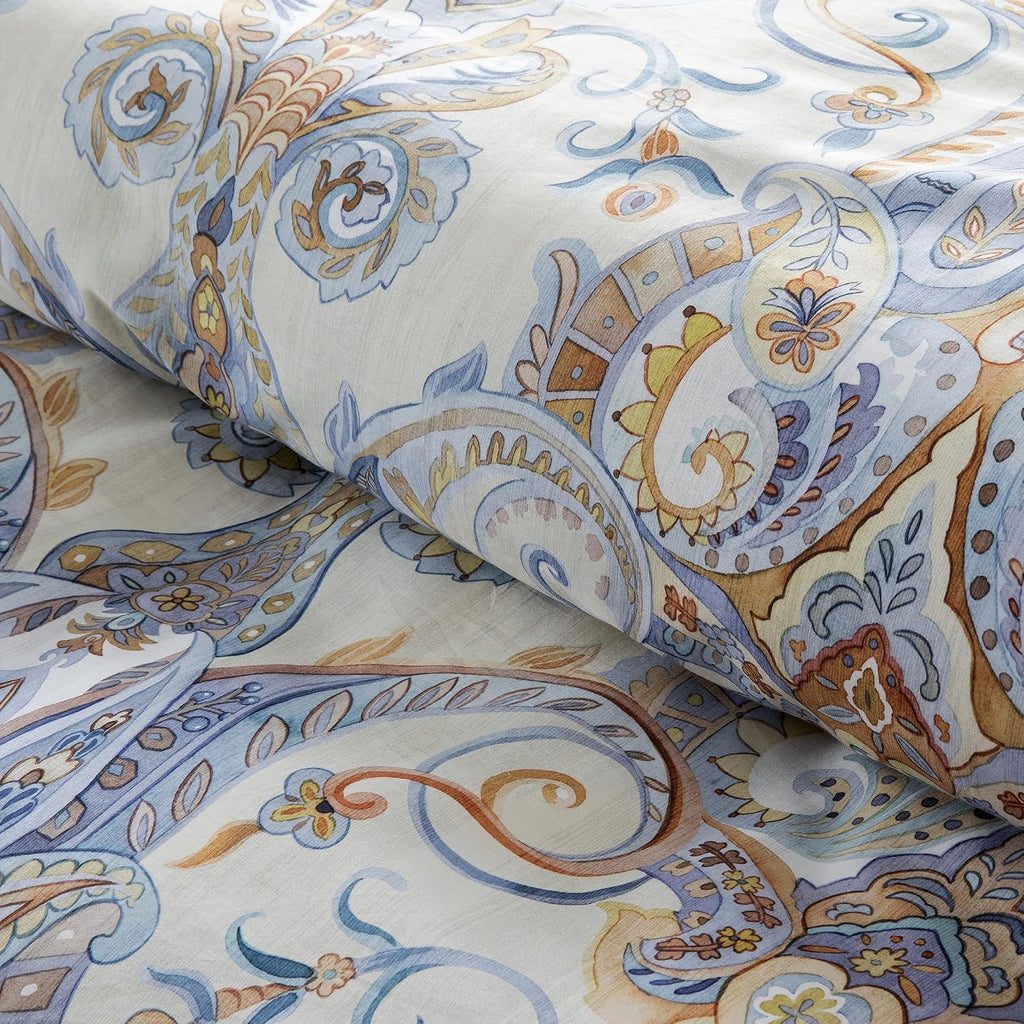 Venetian Damask Bohemian Paisley Duvet Cover Set Boho Chic Watercolor Medallion 400TC Egyptian Cotton Sateen Luxury Style Bed Linen (Copper Blue, King)