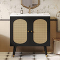 DWVO 36 Inch Rattan Vanity with Sink, Freestanding Bathroom Vanity Cabinet, Boho Style with 2 Large Soft-Closing Doors & Four-Sided Water Barrier Strip, Black