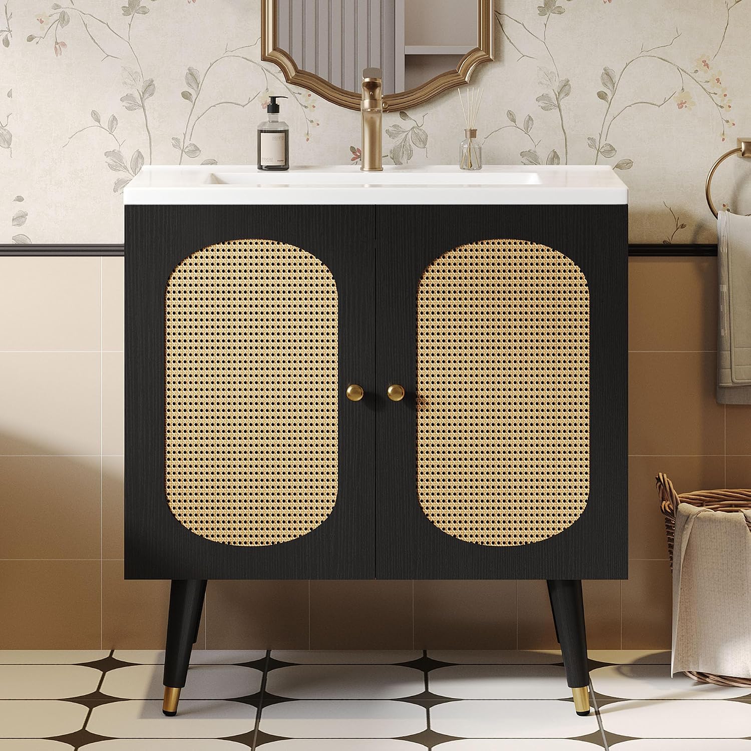 DWVO 36 Inch Rattan Vanity with Sink, Freestanding Bathroom Vanity Cabinet, Boho Style with 2 Large Soft-Closing Doors & Four-Sided Water Barrier Strip, Black