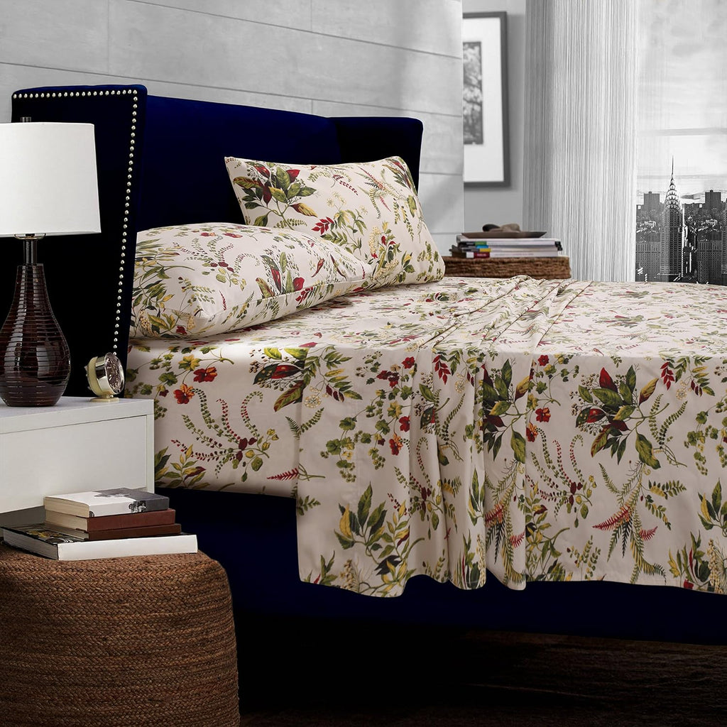 Tribeca Living Cotton Percale Queen Size Bed Sheet Set, 300 Thread Count, Extra Deep Pockets, Multicolor