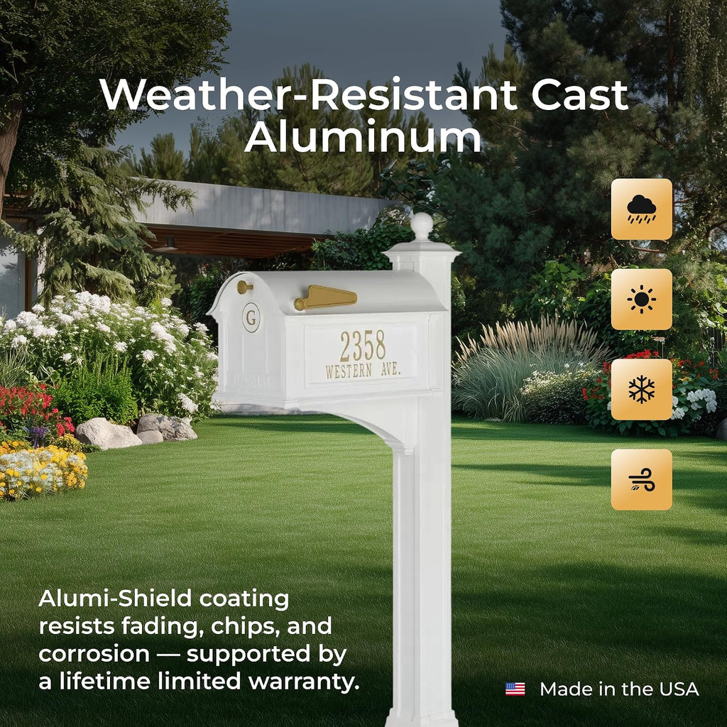 Whitehall Balmoral Monogram Mailbox with Post White Oversized Cast Aluminum Mailbox Package with Personalized Side Plaques, Monogram Door & Weather-Resistant Deluxe Post