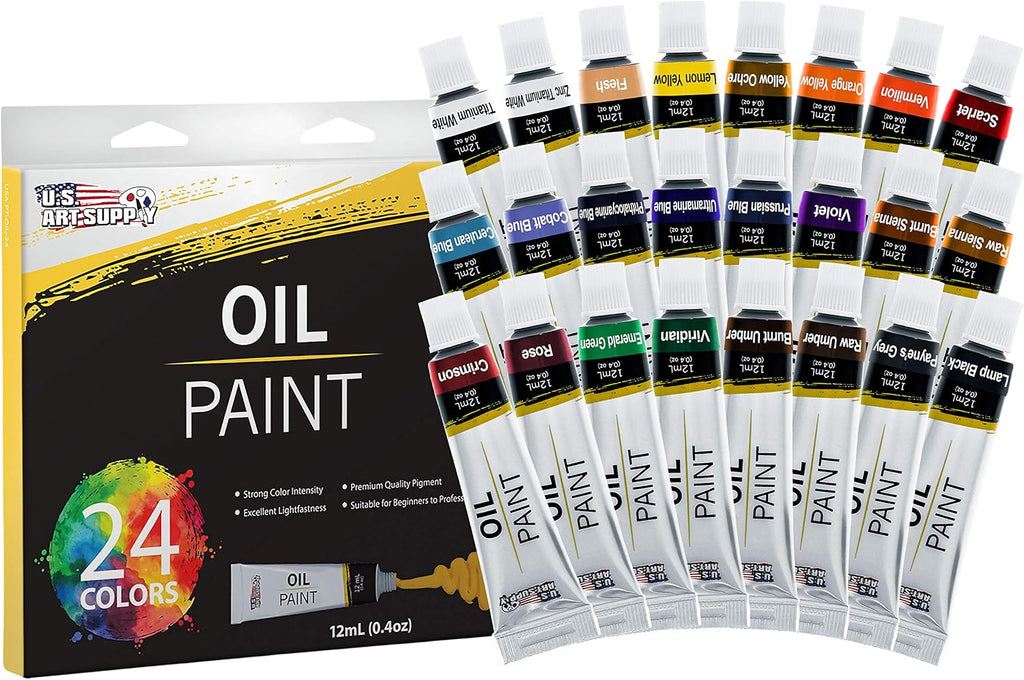 U.S. Art Supply 70-Piece Artist Oil Painting Set with Aluminum Field Easel, Wood Table Easel, 24 Oil Paint Colors, 37 Brushes, 2 Stretched Canvases, 6 Canvas Panels, Painting Pad, Palette & More