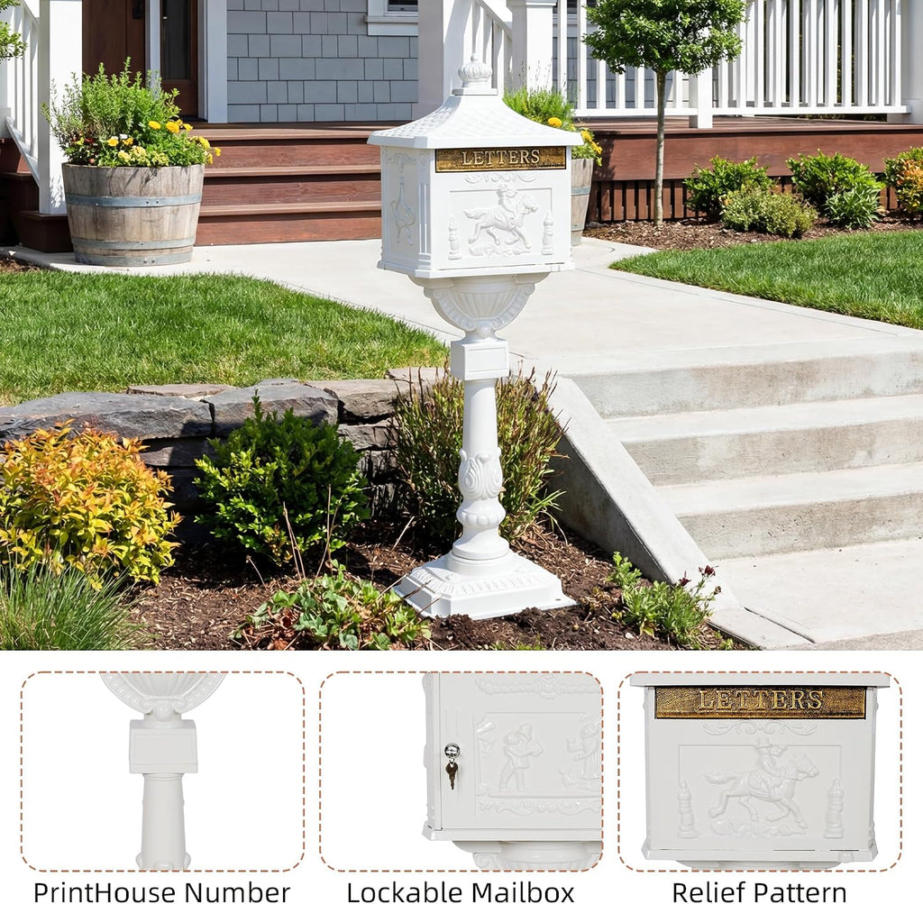 Cast Aluminum Locking Mailbox, Heavy Duty Security Postal Box, Retro Mid-Century Outdoor Mailbox with Key Lock, Weatherproof Anti-Theft Design, Easy Installation, White