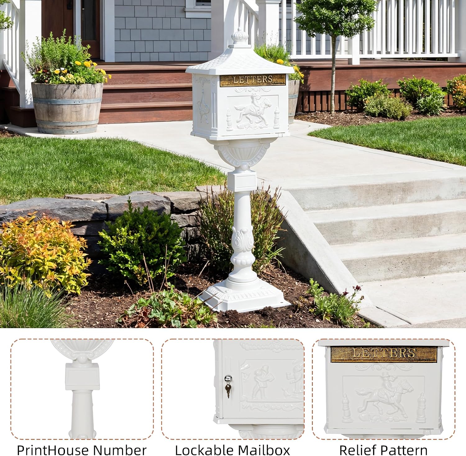 Cast Aluminum Locking Mailbox, Heavy Duty Security Postal Box, Retro Mid-Century Outdoor Mailbox with Key Lock, Weatherproof Anti-Theft Design, Easy Installation, White